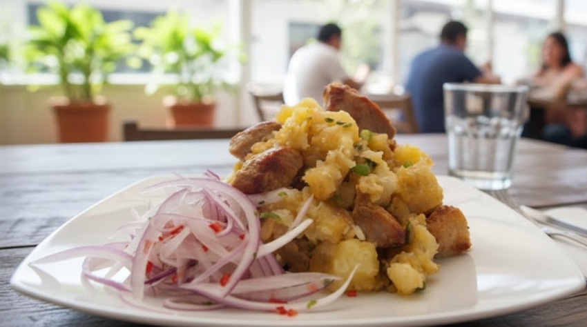 Majado de yuca con chicharrón y sarsa criolla plato típico de Piura