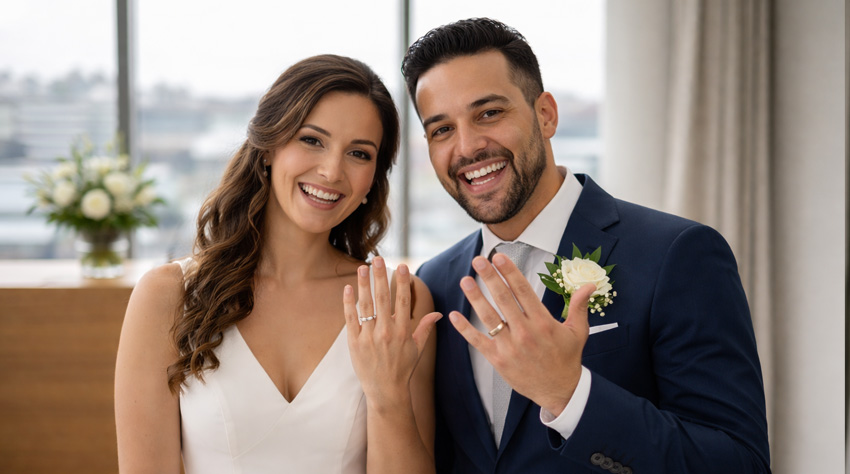 5 razones para celebrar tu boda Pareja sonriente luciendo sus alianzas en las instalaciones para eventos de nuestro hotel.