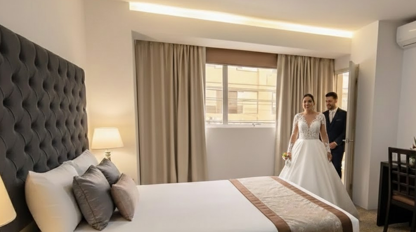 Novios entrando a una habitación matrimonial moderna y elegante en un hotel en el centro de Piura. Win & Win hotel.