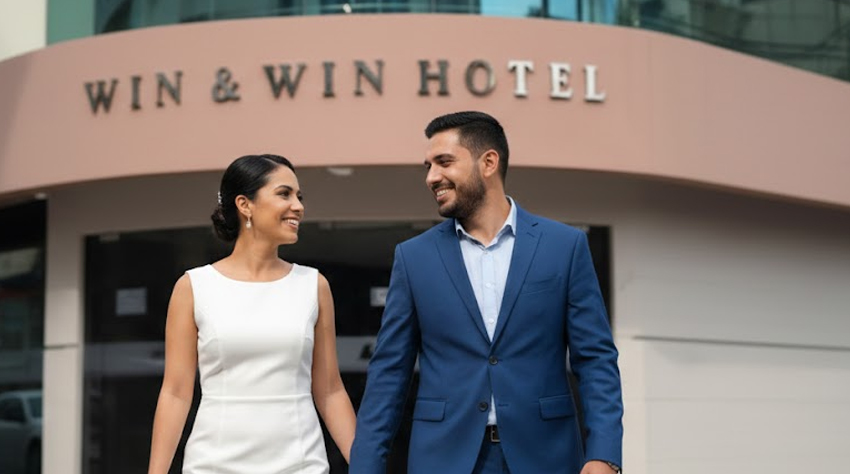 pareja saliendo del win & win hotel en el centro de piura