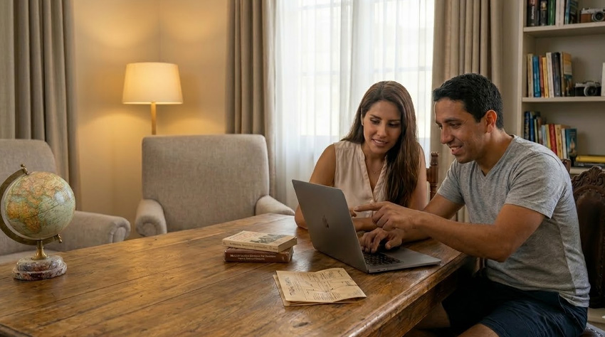 pareja buscando en laptop cual es la mejor epoca para ir a piura