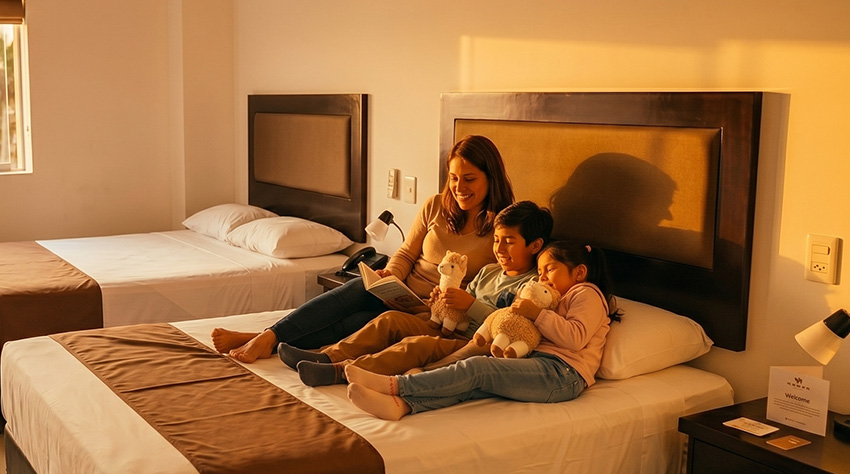 Familia en habitación comoda del hotel comodo en piura win and win