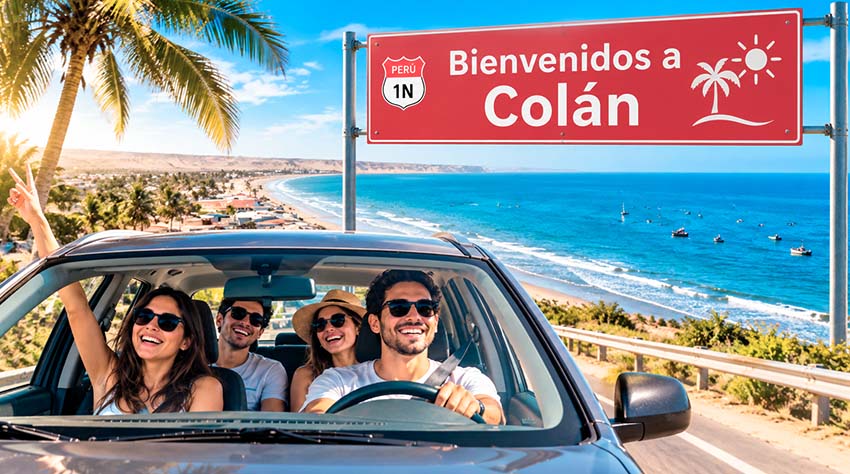 Amigos en auto llegando a playa Colán, Piura