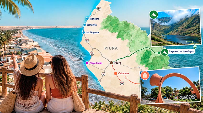 Mapa turístico de Piura con sus principales destinos Máncora, Colán y Catacaos